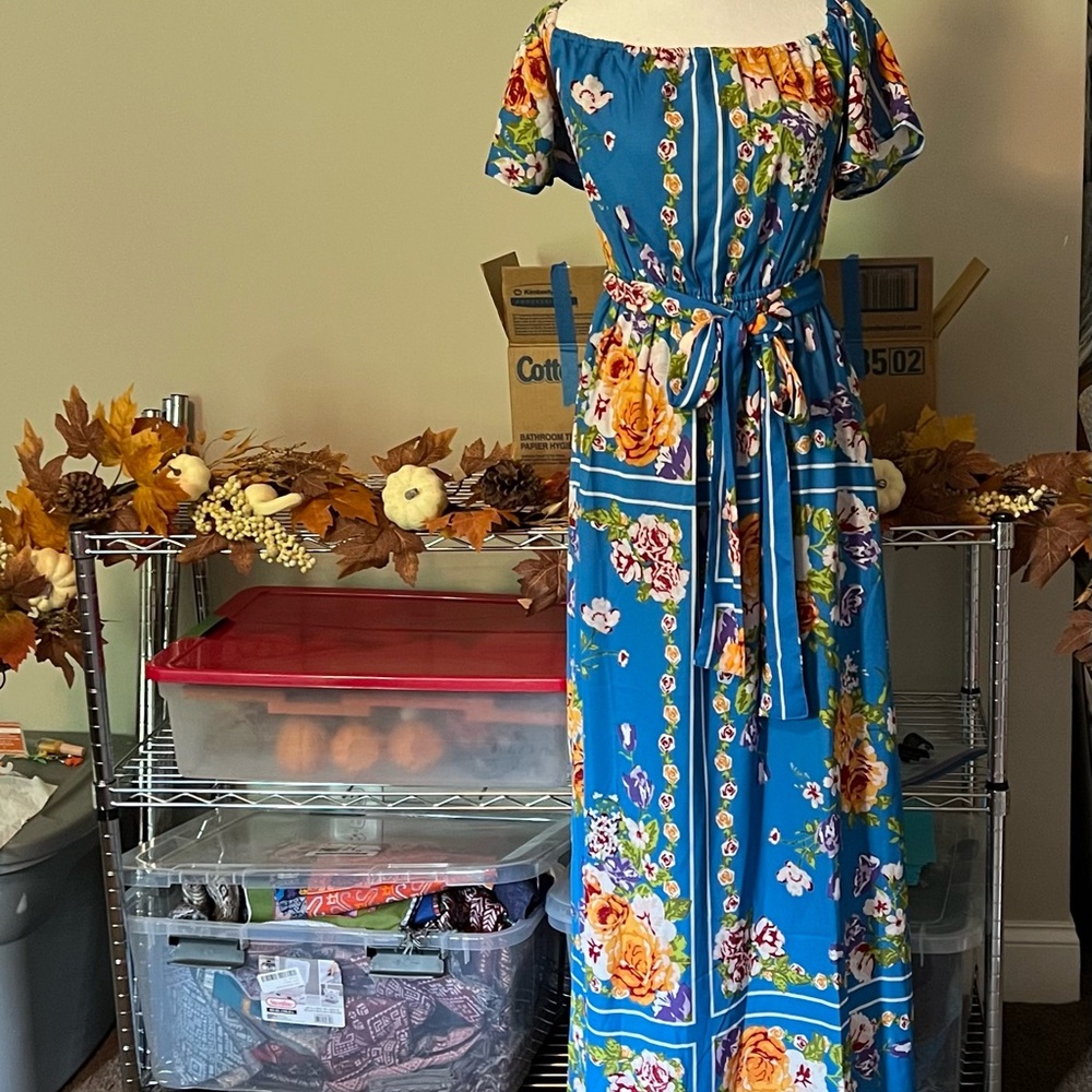 New York & Company Blue Ruffled Wrap Maxi Dress